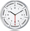 Lafocuse Silent Day of The Week Clocks for Mother, Retirement Clock for Seniors with Silver Metal Frame, Day Clock for Living Room Decor 12 Inch