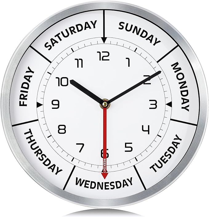 Lafocuse Silent Day of The Week Clocks for Mother, Retirement Clock for Seniors with Silver Metal Frame, Day Clock for Living Room Decor 12 Inch