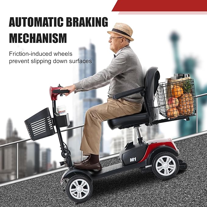 Metro Mobility Scooters with seat for Adults, Seniors, Travel, 4-Wheel Electric Powered Motorized Scooter, 2 Removable Batteries，w/Charge & Light-M1 Red
