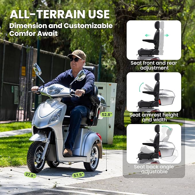 Super Large Electric 3 Wheel Mobility Scooters, 800W Wheelchair Device, 500 LBS Capacity Electric Wheelchair for Seniors & Adults, Speed Adjust, Remote Key, Receive Ready to Ride (Silver Silver)