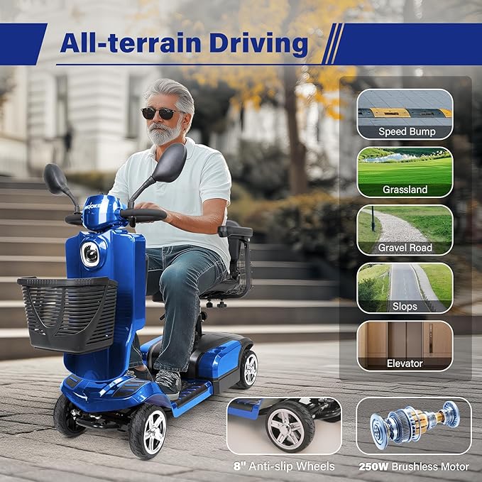 Wooken Powered Mobility Scooter, 4-Wheel Mobility Scooter for Adults, Seniors,264 lbs All Terrain Foldable Powered Mobility Scooter, Electric Powered Wheelchair Heavy Duty Mobility for Travel