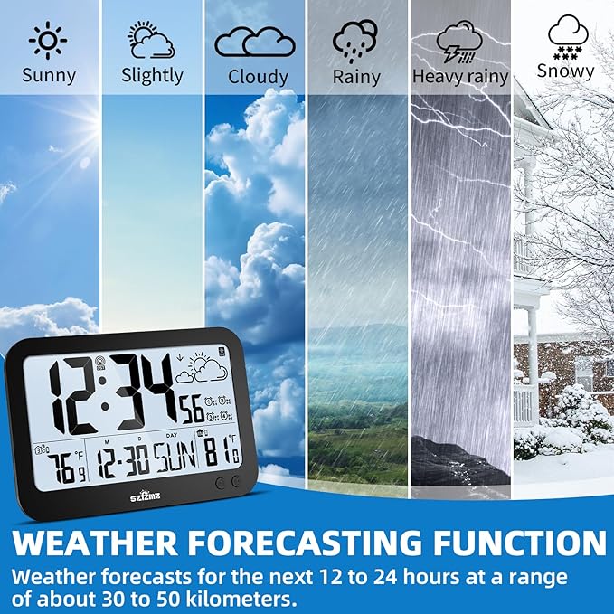 Atomic Clock,10" Digital Clock Large Display, Wall Clocks Battery Operated with Backlight, Wireless Outdoor Sensor, Alarm Clock Indoor Outdoor Temp, 4 Time Zones, Auto DST, Clock for Bedroom (Black)