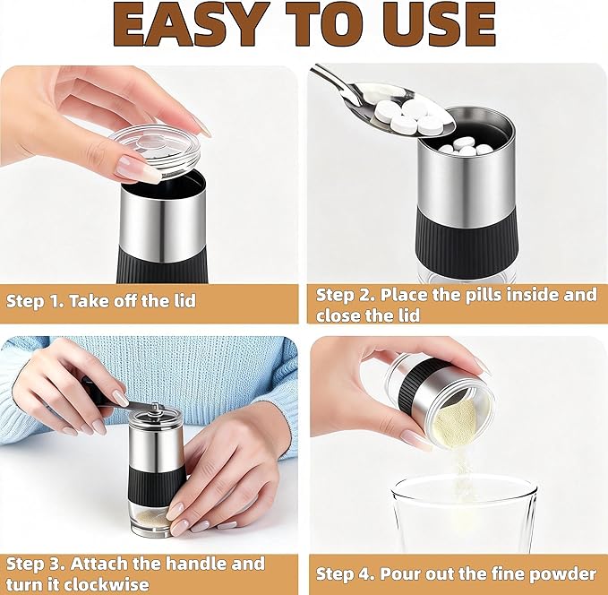 Pill Crusher & Splitter Stainless Steel with Ceramic Burr for Fine Powder | Manual Grinder and Cutter for Elderly Care, Pet Feeding & Travel
