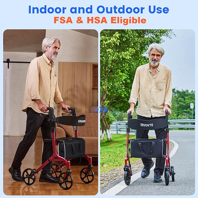 Lightweight Folding Walker with Seat for Seniors, Rollator Walker with Dual Brakes for Safety, 8" Big Wheels for All Terrain, Adjustable Height and 300 lbs Capacity