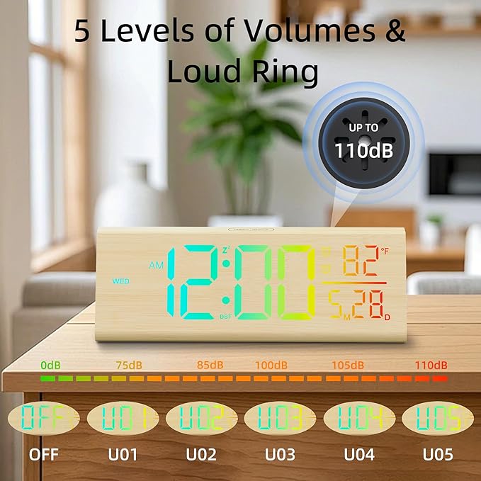 Solid Wood Digital Alarm Clock for Bedroom - 8.8 Inch Large Display for Living Room, See Time Instantly! Multicolor Backlight Time Display, Dual Alarms, Date/Temp/Day, DST, Snooze (Bamboo)