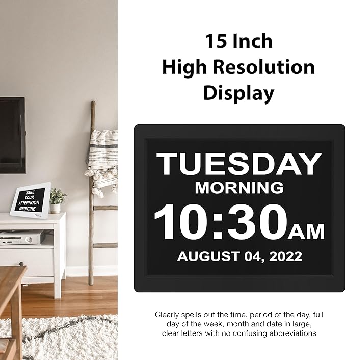 AmericanLifetime 2026 Dementia Clock 15-Inch Large Digital Calendar Custom Alarms for Seniors Black