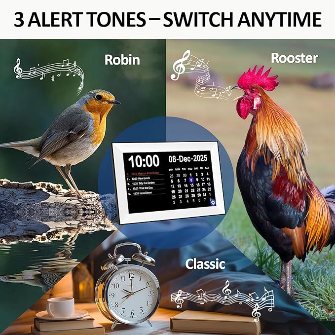 10.1" Touchscreen Digital Calendar Alarm Clock, Dementia Clocks for Seniors Extra Large Display Clock with Day and Date for Elderly, 40 Reminders&64 Alarms&Auto-Dimming&Auto DST(White)