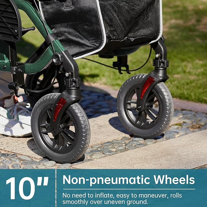 ELENKER All-Terrain 2 in 1 Rollator Walker & Transport Chair, Folding Wheelchair with 10” Non-Pneumatic Wheels for Seniors, Reversible Backrest & Detachable Footrests, Green