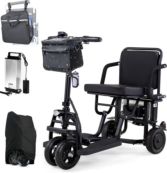 4-Wheel Folding Mobility Scooter Foldable Lightweight Electric Scooter for Adults, 9.3mph,20Miles Ultra Lightweight Travel Mobility Scooter, Dual Front Wheels Designed, with Backpack, Dust Bag