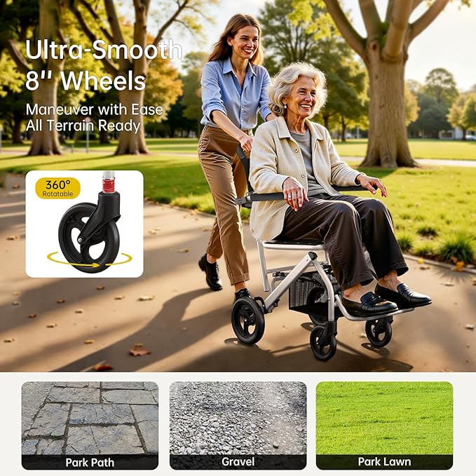 18lbs Ultra-Lightweight Wheelchair, Foldable Transport Wheelchair for Seniors & Adults with Handbrake, Easy Portable Travel Wheel Chair with Padded Seat & Storage Bag, Supports 220lbs No Installation