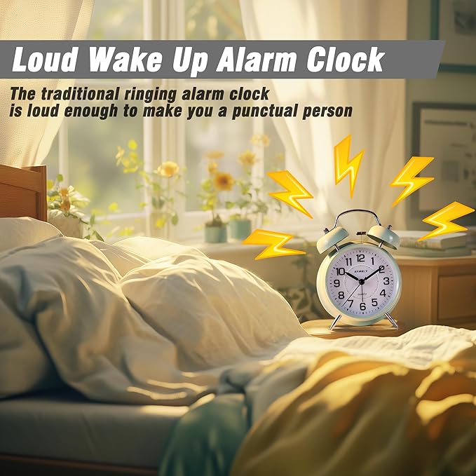 AYRELY® Super Loud Twin Bell Alarm Clock for Heavy Sleepers, 4-Inch Silent Non-Ticking Quartz with Backlight, Metal Cute Clock for Kids' Rooms (Sage Green)