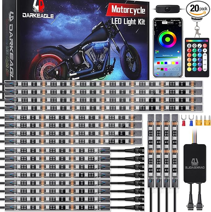 20PCS Motorcycle RGB LED Light Kit with Brake Turn Signal Dual Zone, Underglow Lights with APP/RF Remote, Neon Accent Waterproof 12V for Touring, Large Cruiser & Custom Show Motorcycle