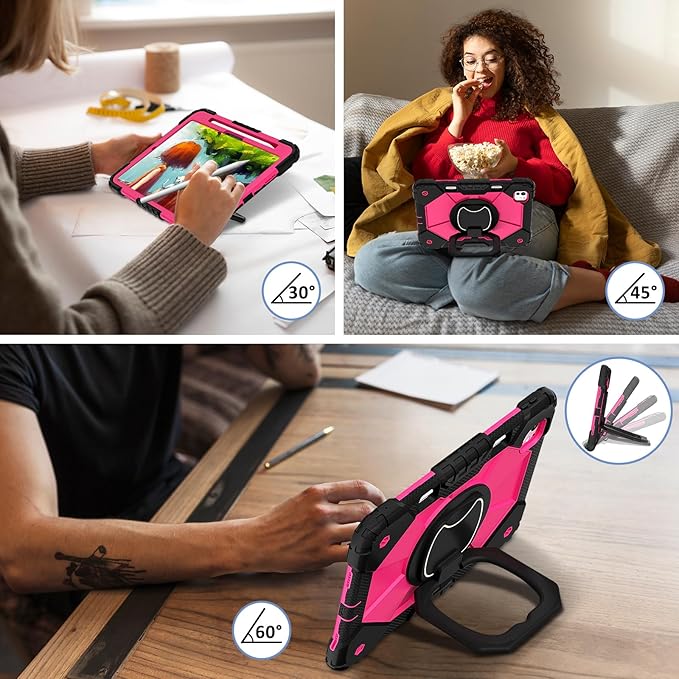 Dteck for iPad Pro 11 inch (M4/M5) 2024/2025 Release Shockproof Case with Shoulder Strap/Pencil Holder/Rotating Kickstand Handle, Heavy-Duty Sturdy Rugged Cover, Protective Tablet Shell, Black Rose