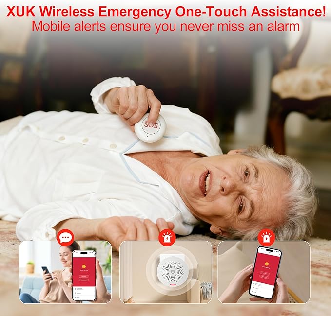 XUK WiFi SOS Caregiver Pager Call Button for Elderly, No Monthly Fee 2.4GHz Wi-Fi APP Control Wireless Nursing Call System with 2 SOS Call Panic Button & 1 Receiver Life Alert Systems for Seniors