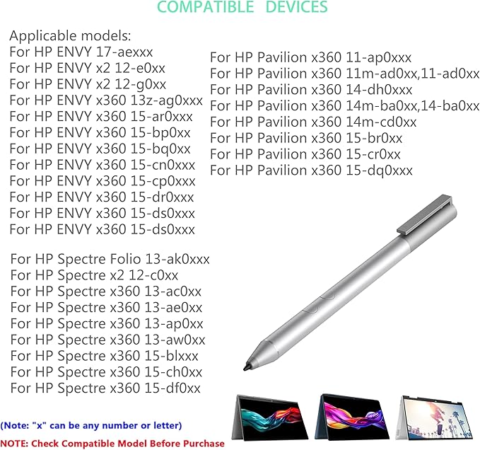 Genuine Digital Stylus Pen for HP Envy/Spectre 2-in-1 Series Laptops, Support MPP with Pressure Sensitivity, Compatible HP Active Pen 1MR94AA/905512-001, Silver