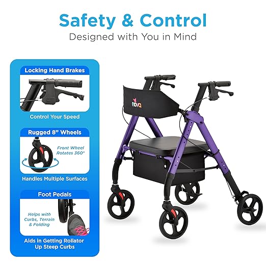 NOVA Star 8 Foldable Rollator Walker for Seniors, 400 lb Weight Capacity, Wide Padded Backrest with Seat, 8” All-Terrain Wheels, Easy-Grip Locking Hand Brakes, Height Adjustable, Purple