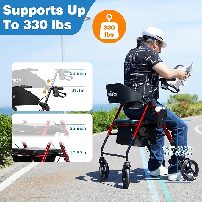 Rollator Walker for Seniors/Adults Foldable Rolling Walker with Seat 265 lbs Capacity 4 Big 8 inch Wheels Hand Grips Adjustable Height Lightweight Iron Aluminum Walker (Red)