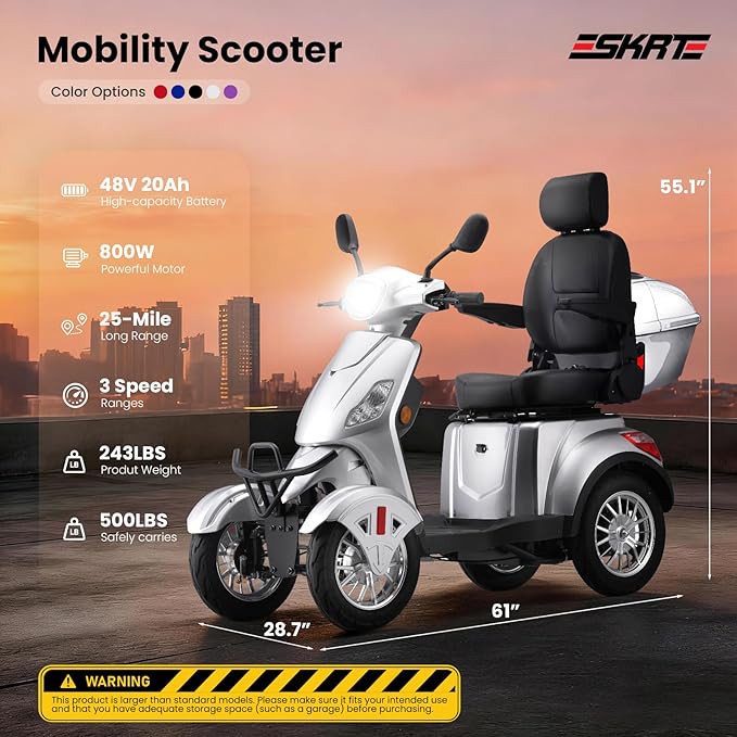 Super Large Electric 4 Wheel Mobility Scooters, Heavy Duty 800W Wheelchair Device, 25 Miles Long Range, All Terrain Mobility Scooter，Speed Adjust, Remote Key,Receive Ready to Ride (Silver)