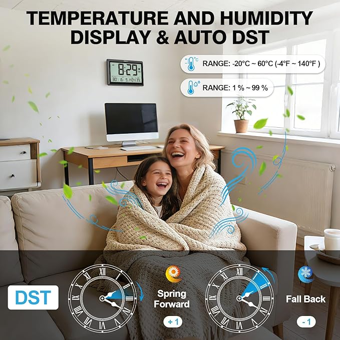 XREXS 10.4 Inch Digital Wall Clock, Battery Operated Large Display Clock, Digital Calendar with Indoor Temperature/Humidity/Date/Day, Auto DST for Classroom, Livingroom, Office(No Backlight)