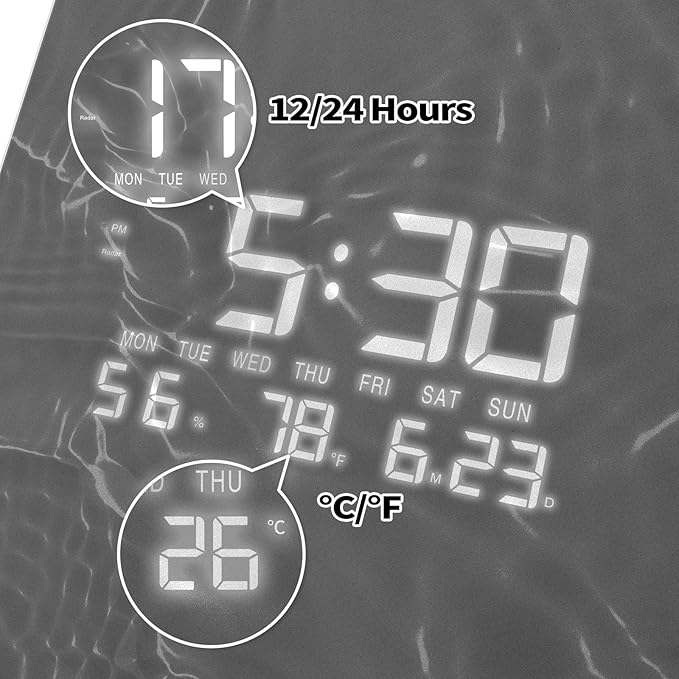 12'' Double Sided 90° Corner Wall Clock, Gray Water Ripple, Radar Motion Activated, Analog & LED Display with Temp Humidity Date Day, Silent Non-Ticking Plug-in for Living Room Kitchen