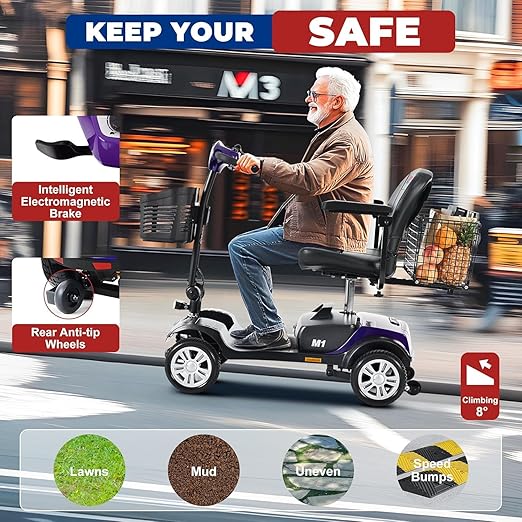 Metro Mobility 4 Wheel Powered Mobility Scooters, 300 lbs Capacity Mobility Scooters for Adults, Folding Mobility Scooter Lightweight, Electric Scooters for Seniors 10 Miles Range LED Light Purple