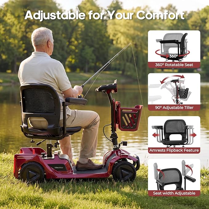 NFC One-Touch Keyless Unlock 4-Wheel Foldable Mobility Scooter for Seniors & Adults, 15 Mile Range, 3.7 MPH, Removable Battery, Digital Display, 300 lb Capacity, Red