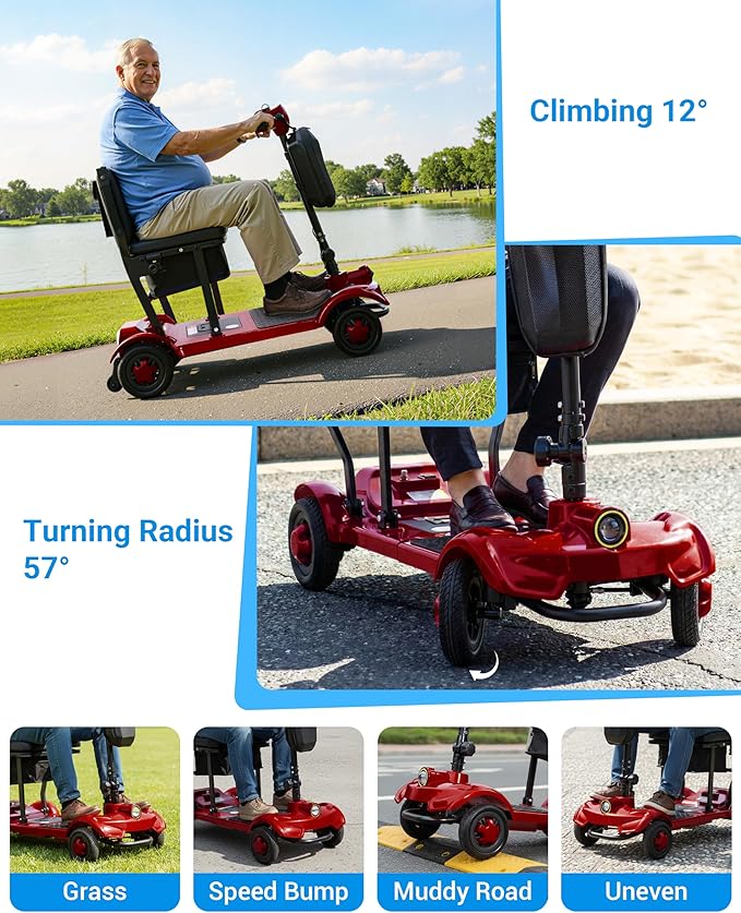 GoldSeason Airline & Cruise Approved Lightweight Mobility Scooter, Portable Foldable Electric Scooter for Seniors/Adults/Elderly/Handicap, 330 lbs Capacity, Compact Travel Scooter with Seat, Red