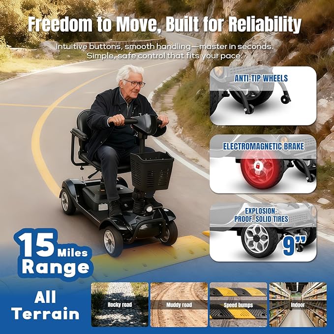 Mobility Scooter for Adults - 4 Wheels, 330lbs Capacity, 15Miles Long Range, Foldable Powered Mobility Scooter for Seniors, Elderly, Removable Battery, with Headlight, Charger & Basket