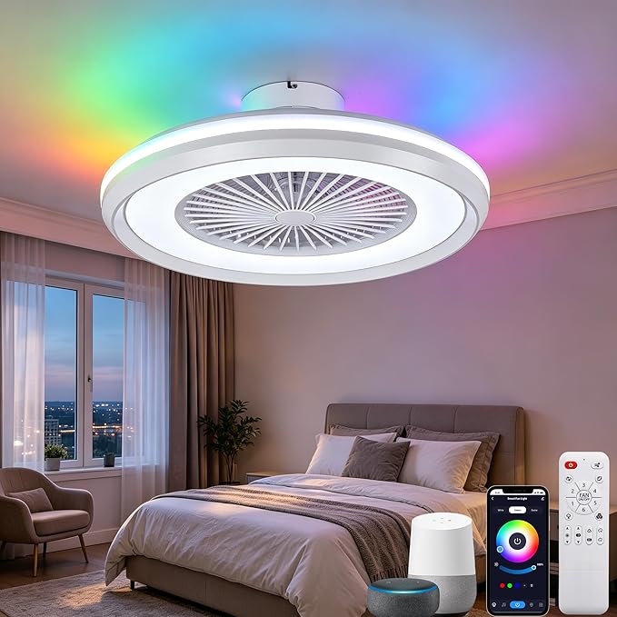 24" Bladeless Ceiling Fans with Lights and Remote/APP/Voice Control, Low Profile Ceiling Fan with RGB Lights, Smart Flush Mount Ceiling for 6 Speeds Timing Reversible