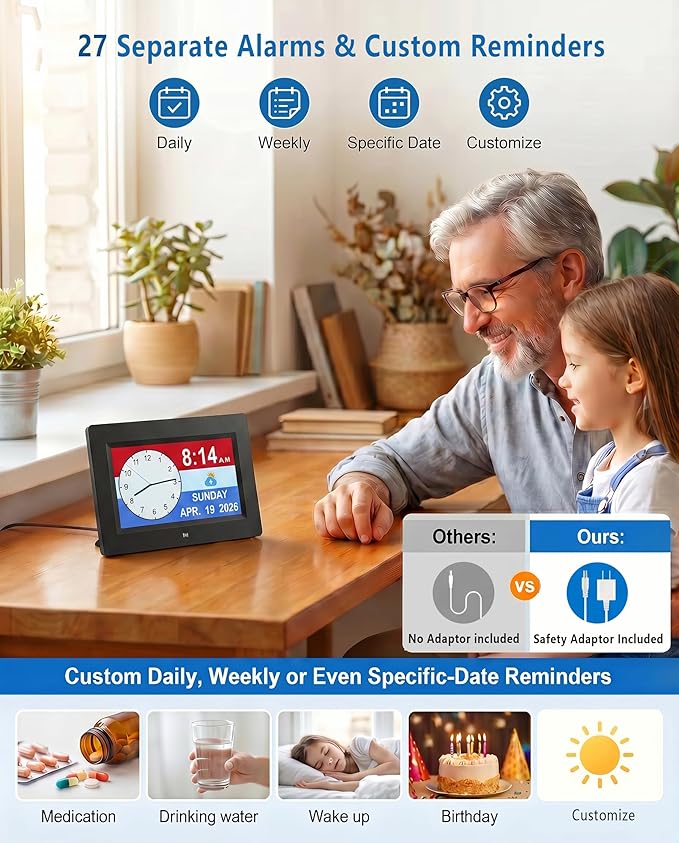 27 Alarms Digital Talking Clock with Loud Voice Time Date, Auto DST, 20 Custom Reminders, 10-Level Dimmer, Sleep Trainer, Speaking Day Date Calendar Clock for Seniors Dementia Alzheimers- with Remote