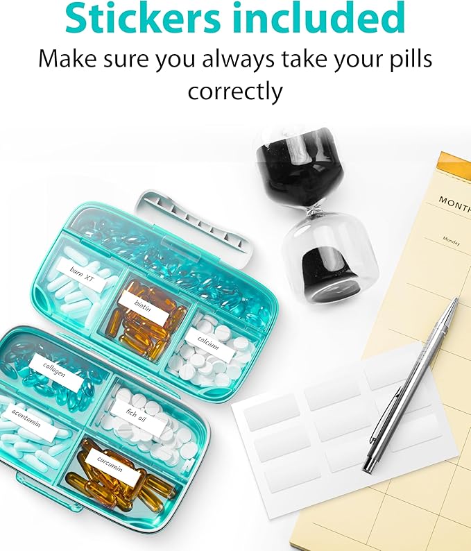 Travel Pill Organizer - Airtight Medicine Case for Traveling Portable Pharmacy Box with Labels Vitamin Container 8 Compartment Supplement Medication Holder Large Capacity Daily (Green)