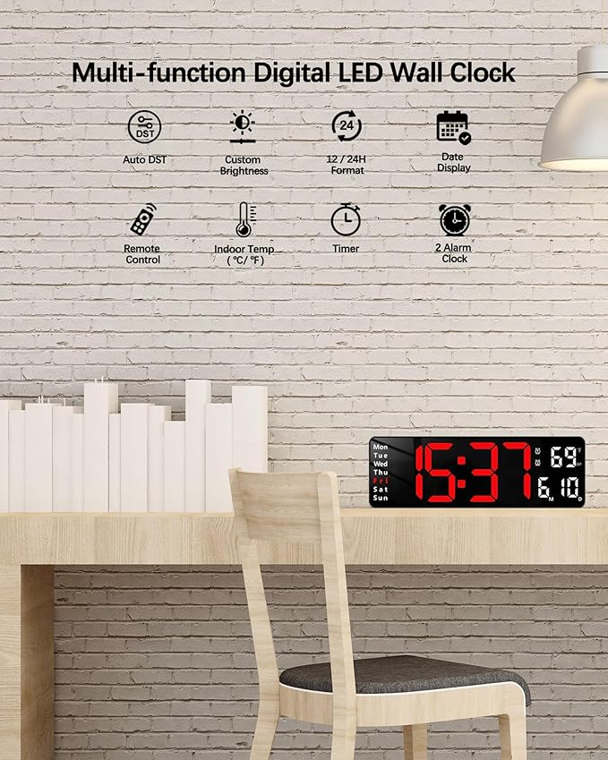JoFomp Digital Wall Clock - 13" Large LED Display, Loud Alarm, Remote Control, DST, Auto-Dimming, Date and Day, Timer, Temperature - 12/24H Format - Ideal for Living Room, Bedroom, Kitchen