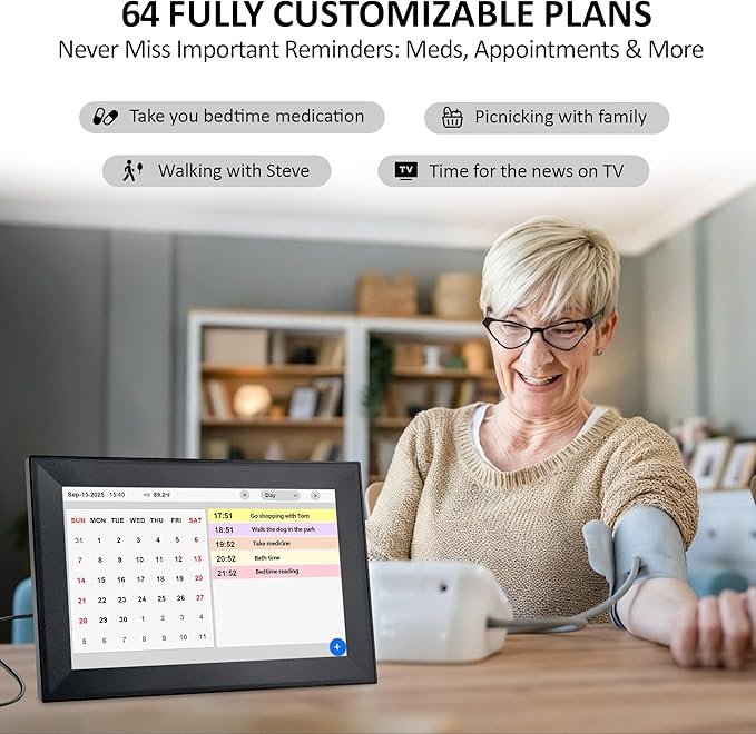 WiFi 10.1 Inch Digital Alarm Clock for Seniors, Large Display with Day/Date Smart Touchscreen Electronic Calendar 64 Alarms 64 Reminders Dementia Alarm Clock for Elderly（Black）
