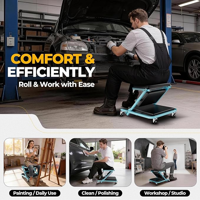 Auto Dynasty 36" Z-Creeper Seat, 2-in-1 Foldable Garage Creeper Shop Seat, 330 LBS Capacity Automotive Mechanic Repair Under Car Rolling Creeper Seat, Sky Blue