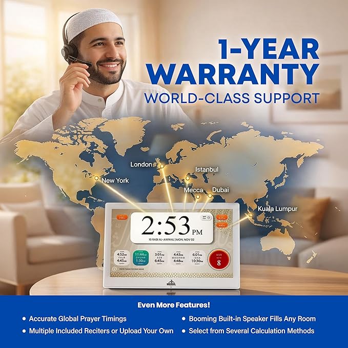 Masjidal 10" Smart WiFi Digital Azan Clock & Islamic Prayer Frame – Automatic Worldwide Prayer & Iqamah Times, Full Quran Player, Athan Alarm, Ramadan Clock, Touchscreen Muslim Home Display, White