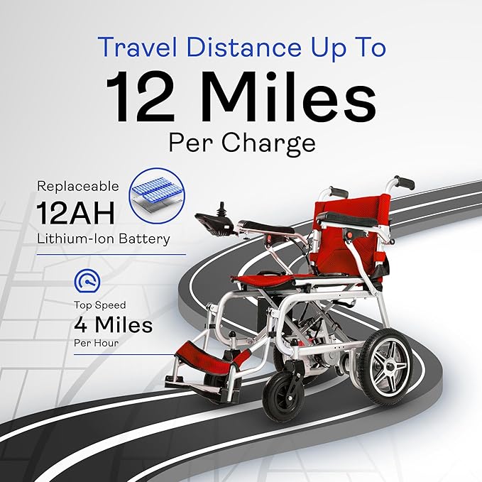 Artemis Pro Lightweight Foldable Electric Wheelchairs for Seniors - 2x250W Power Wheelchair - Travel/User Friendly Electric Wheelchairs for Seniors, Long Range Electric Wheelchair (Red)