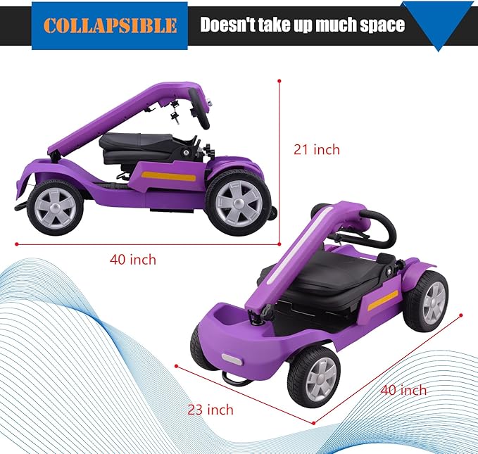 Foldable Mobility Scooter for Adults & Senior, 4 Wheels Powered Device for Travel, Lightweight and Portable, with LED Strip Light, Storage Bag, Charger Included, No Assemble Required (Purple)