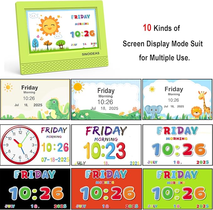 SINOIDEAS 7 Inch Kids Digital Alarm Clock, Children's Sleep Trainer,Eye-Caring Digital Clock for Girls Boys Bedrooms Bedside (Green)