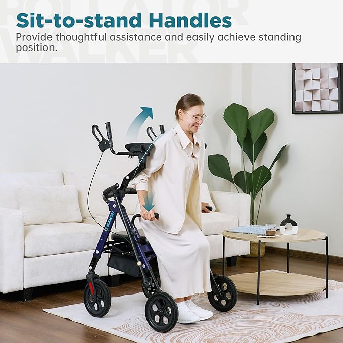 ELENKER All Terrain Heavy Duty Upright Walker with Extra Wide Seat, Foldable Aluminum Bariatric Stand Up Rolling Walker, 10” Wheels, Fully Adjustment Frame, Support up to 500 lbs for Seniors, Blue