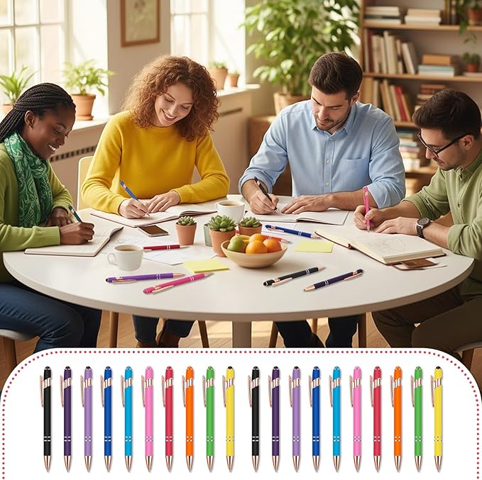 Yeaqee 100 Pieces Ballpoint Pen with Stylus Tip Click, 2 in 1 Black Ink, 1.0 mm Medium Point Stylus Metal Pen for Touch Screen Tablet (Bright Colors)