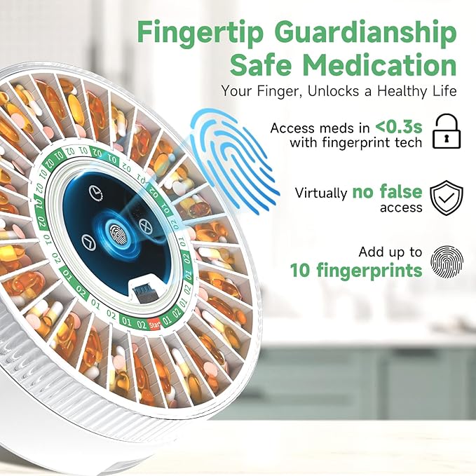 Zoksi Premium 31-Slot Automatic Pill Dispenser with Fingerprint & Key Lock, Smart Medication Organizer with Alarm & Light, Electronic Pill Organizer for Elderly & Forgetfulness(Green)
