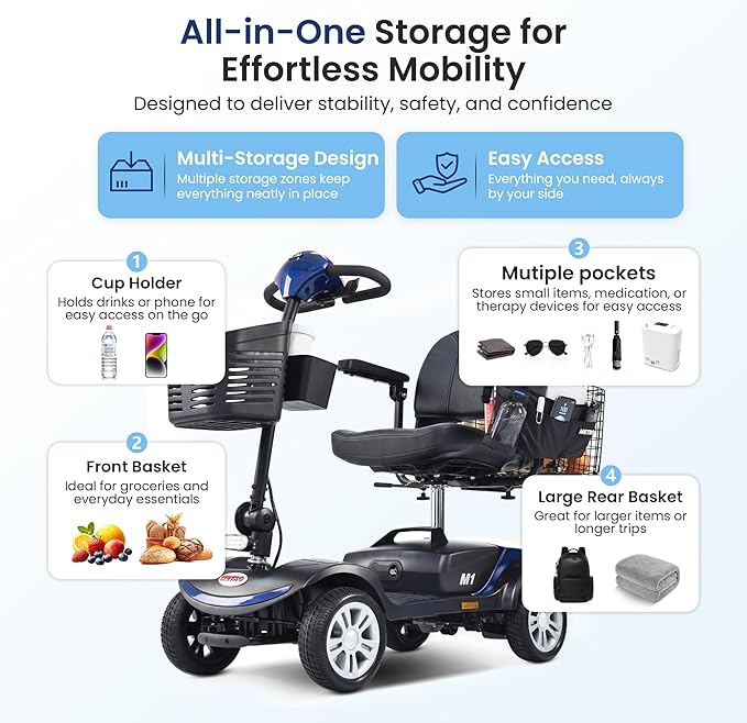 Metro Mobility 4 Wheel Powered Mobility Scooters for Seniors - 300 lbs Capacity Electric Scooter with Seat for Adults, Travel - Long Range Power Extended Battery - Blue