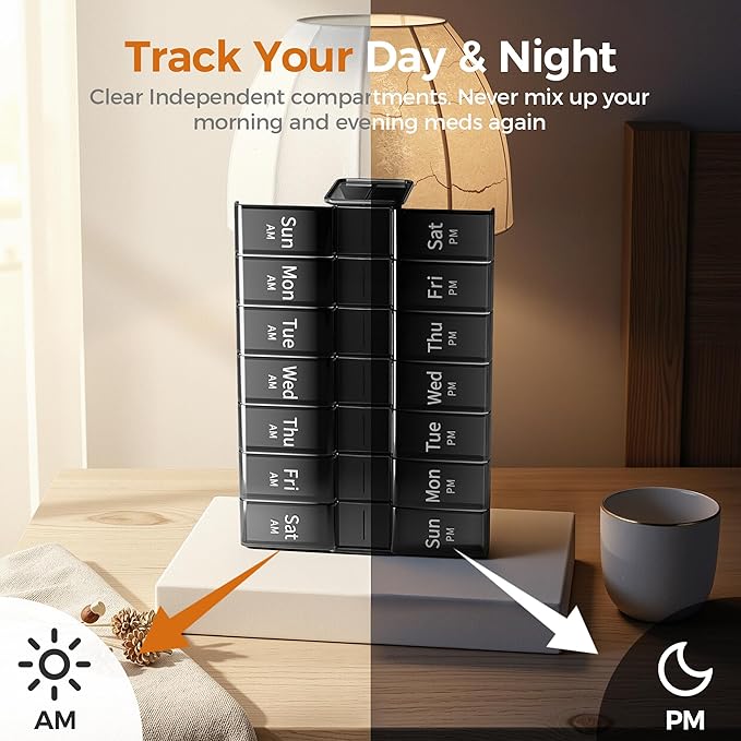 Betife Extra Large Pill Organizer 2 Times a Day, XXL Pill Box 7 Day with AM PM Large Compartments, Daily Medicine Case, Jumbo Weekly Pill Holder for Fish Oils, Vitamins & Supplements（Black）