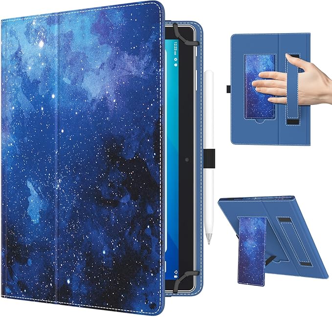 TiMOVO Universal Case for 10.1 Inch Android Tablet with Pen Loop, Lightweight Folding Stand Cover with Hand Strap for All 9.6"-11" Touchscreen Tablet, Blue Starry Sky