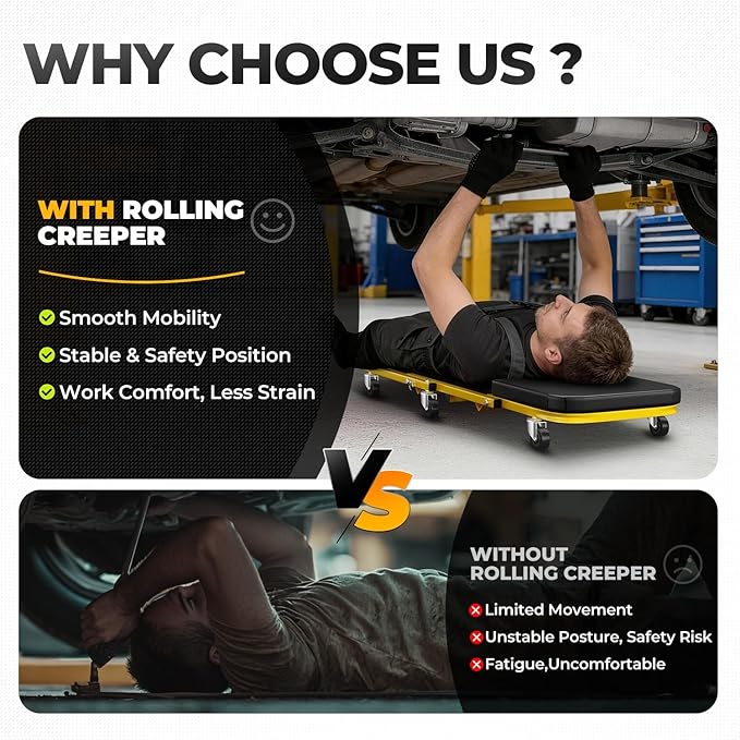 Auto Dynasty 40" Z-Creeper Seat, 2-in-1 Foldable Garage Creeper Shop Seat, 330 LBS Capacity Automotive Mechanic Repair Under Car Rolling Creeper Seat, Yellow