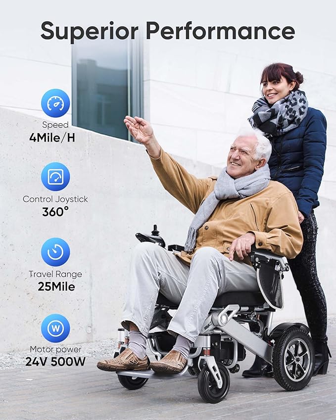 Electric Wheelchair 25 Miles Longer Range, Foldable Power Wheelchair for Adults Seniors,500W Dual Motors,Compact Motorized Wheelchair All Terrain,Intelligent Folding, Travel Size