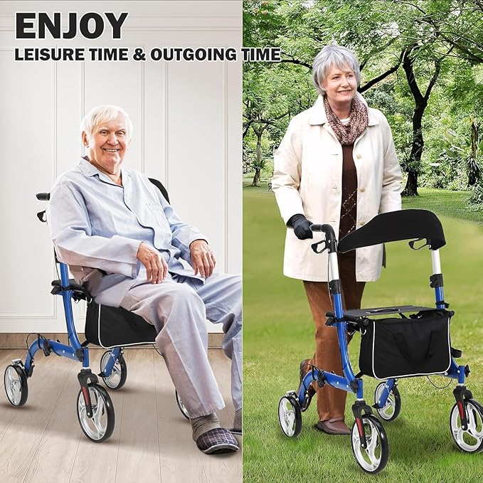 Rollator Walker for Seniors, Lightweight Foldable All Terrain Rolling Walker with seat,12" Rubber Wheels for Smooth Outdoor Use, Compact Folding Design,Height Adjustable 34"-40" for All Users.