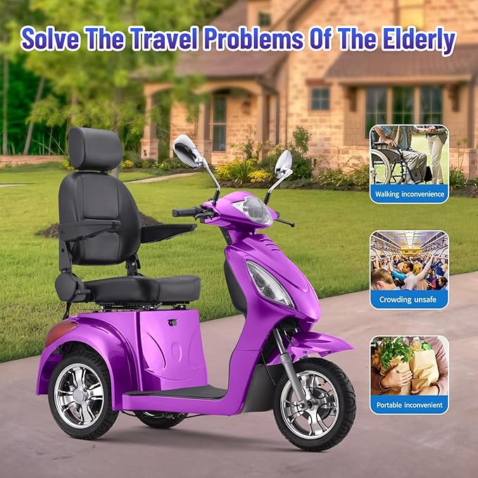 Super Large Electric 3 Wheel Mobility Scooters, 800W Wheelchair Device, 500 LBS Capacity Electric Wheelchair for Seniors & Adults, Speed Adjust, Remote Key, Receive Ready to Ride (Purple)