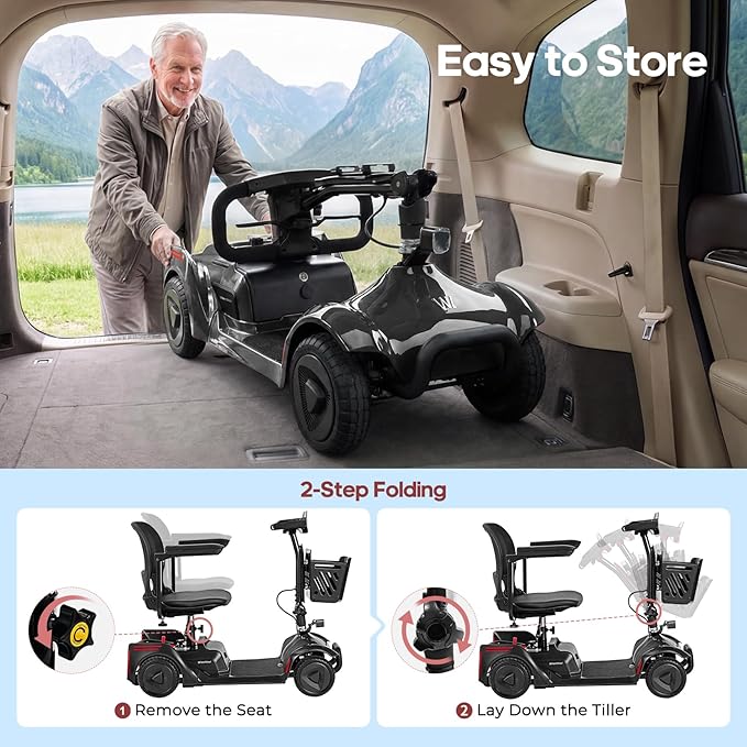 NFC One-Touch Keyless Unlock 4-Wheel Foldable Mobility Scooter for Seniors & Adults, 15 Mile Range, 3.7 MPH, Removable Battery, Digital Display, 300 lb Capacity, Black