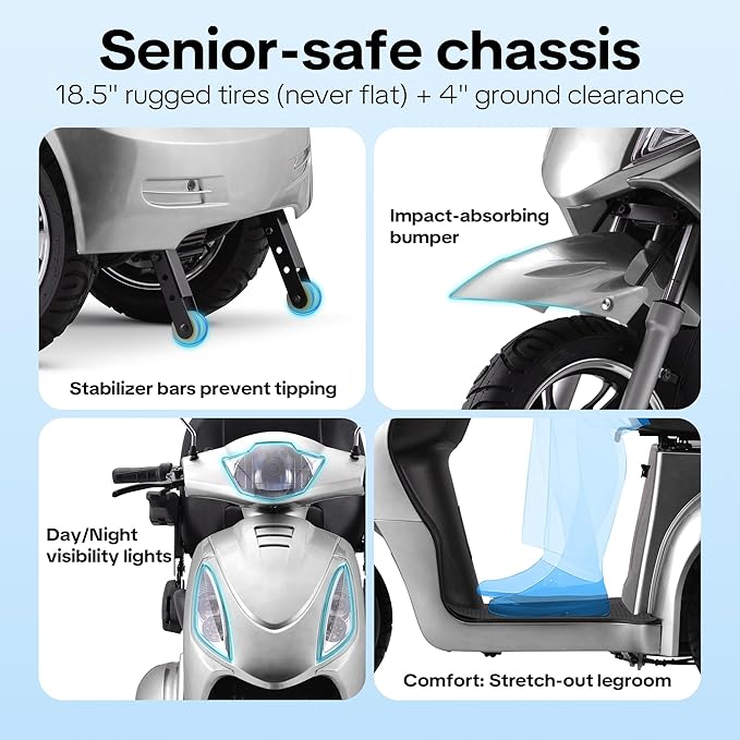 Super Large Electric 3 Wheel Mobility Scooters, 800W Wheelchair Device, 500 LBS Capacity Electric Wheelchair for Seniors & Adults, Speed Adjust, Remote Key, Receive Ready to Ride (Silver Silver)